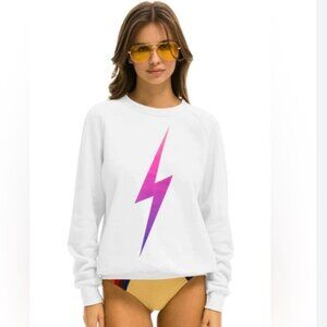 Aviator Nation White Sweater with Gradient Lightning Bolt